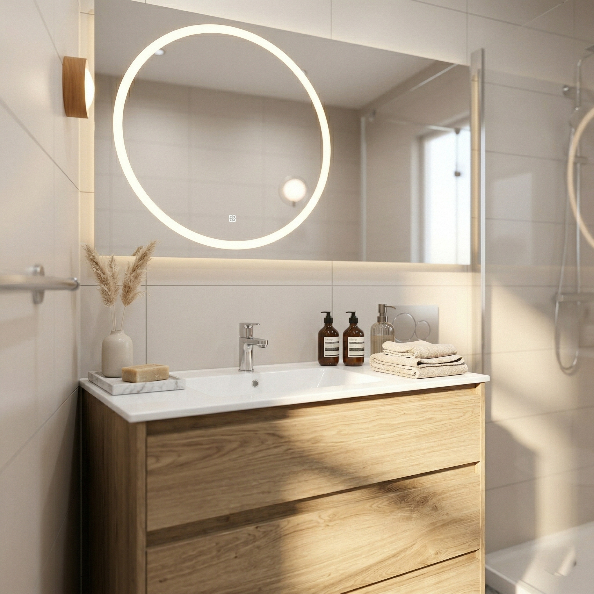 Baño moderno con mueble de madera, lavabo blanco, espejo redondo iluminado y ducha con mampara de cristal.