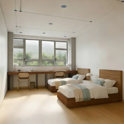 Habitación doble luminosa con dos camas individuales, escritorio amplio junto a la ventana y mobiliario de madera.