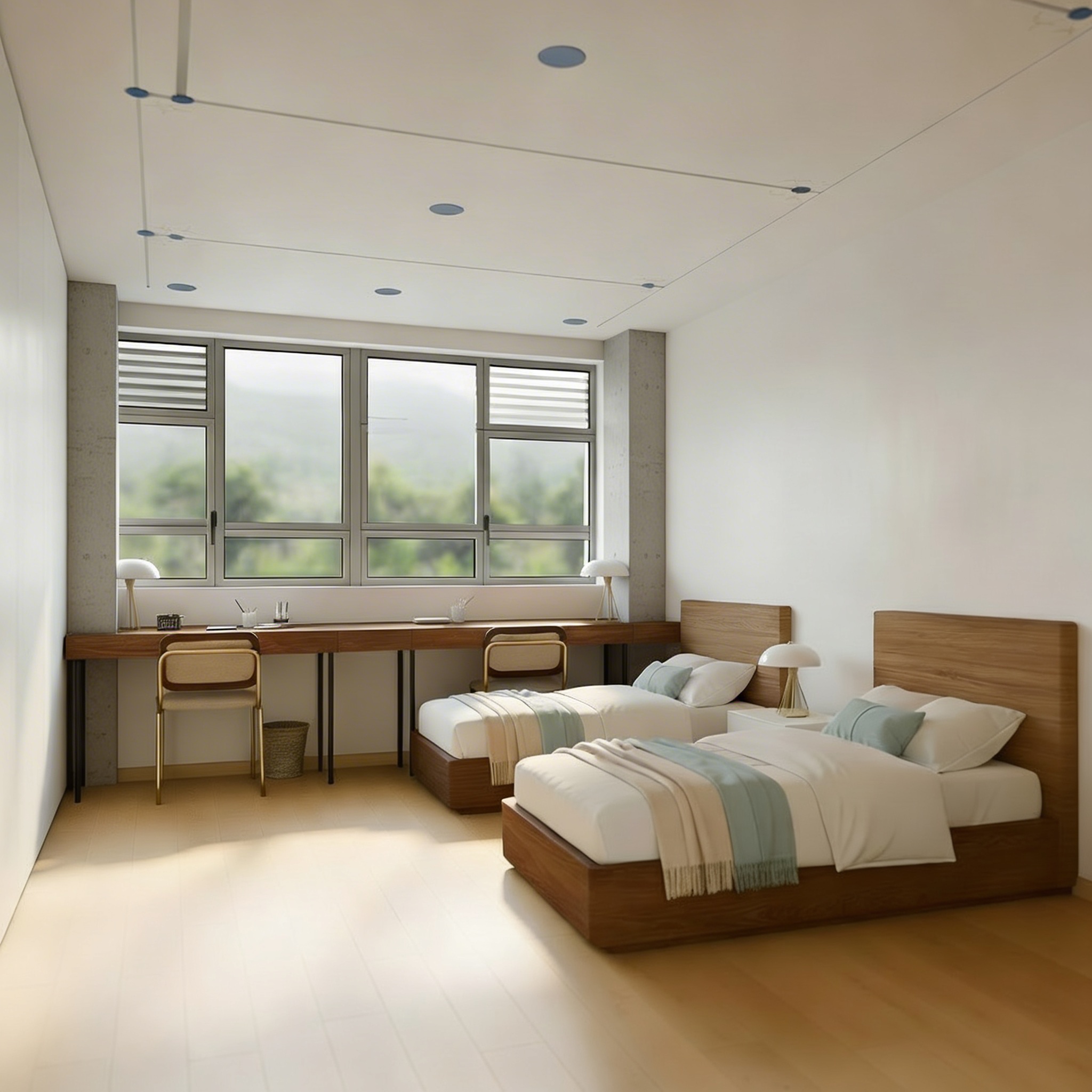 Habitación doble luminosa con dos camas individuales, escritorio amplio junto a la ventana y mobiliario de madera.