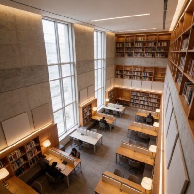 Biblioteca amplia con mesas de estudio, estanterías de madera, grandes ventanales y varias personas trabajando.